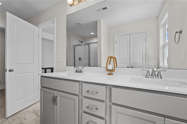 60 Bennett Rd, Coats, NC 27521 - bathroom with a stall shower, double vanity, and marble look tile flooring