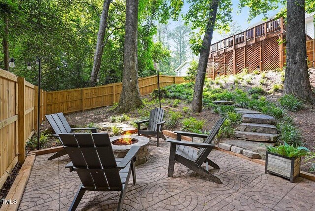 2725 Rosedale Ave, Raleigh, NC 27607 - fenced backyard featuring an outdoor fire pit and a patio area
