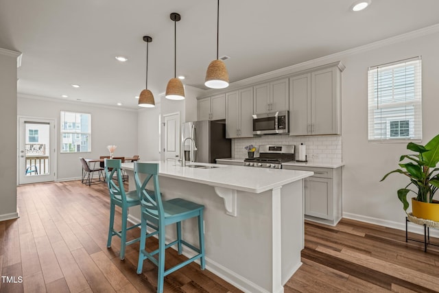 5430 Crescent Square St, Raleigh, NC 27616 - kitchen with appliances with stainless steel finishes, gray cabinetry, ornamental molding, an island with sink, and a kitchen bar