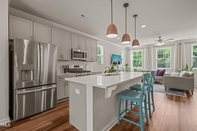 5430 Crescent Square St, Raleigh, NC 27616 - kitchen with stainless steel appliances, gray cabinetry, a sink, dark wood-style floors, and ornamental molding