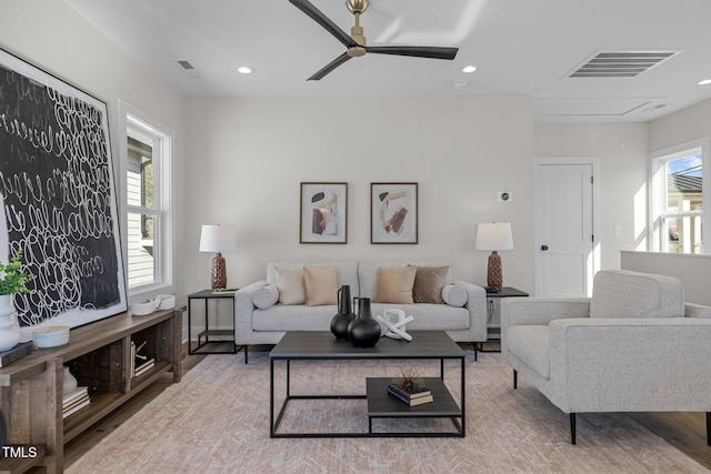 517 Coleman St, Raleigh, NC 27610 - living area featuring attic access, ceiling fan, plenty of natural light, wood finished floors, and recessed lighting