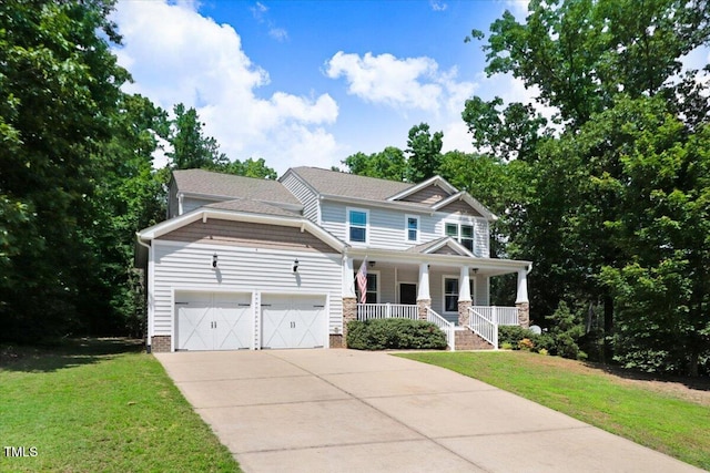 1304 Double Oak Ln, Willow Springs, NC 27592 - craftsman inspired home featuring a porch, driveway, an attached garage, and a front yard