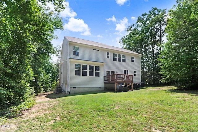 1304 Double Oak Ln, Willow Springs, NC 27592 - rear view of house featuring crawl space, central AC, a yard, and a wooden deck