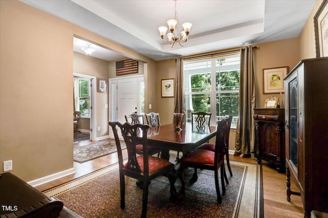 1304 Double Oak Ln, Willow Springs, NC 27592 - dining room featuring light wood finished floors, a chandelier, plenty of natural light, and a raised ceiling