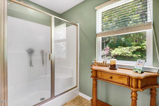 1304 Double Oak Ln, Willow Springs, NC 27592 - bathroom featuring a stall shower and tile patterned floors