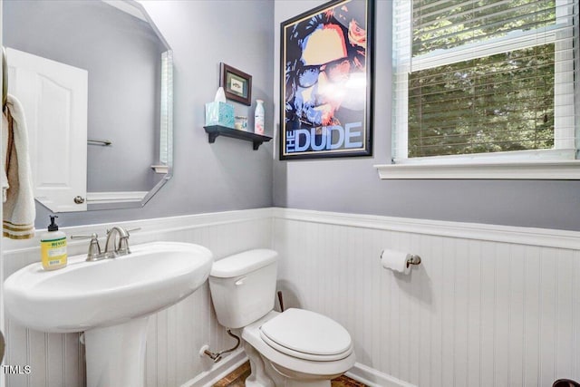 1304 Double Oak Ln, Willow Springs, NC 27592 - half bath featuring toilet, a wainscoted wall, and a sink