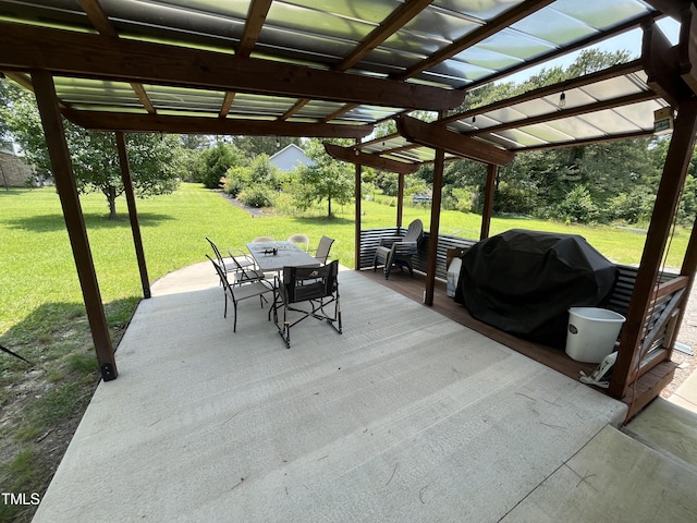 2433 Zacks Mill Rd, Angier, NC 27501 - wooden terrace with outdoor dining area, a pergola, a lawn, and grilling area