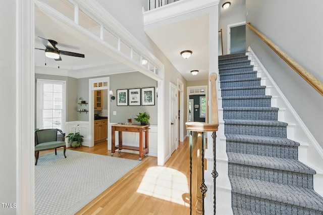 2933 Creek Moss Ave, Wake Forest, NC 27587 - stairway featuring wood finished floors, a ceiling fan, plenty of natural light, and a wainscoted wall