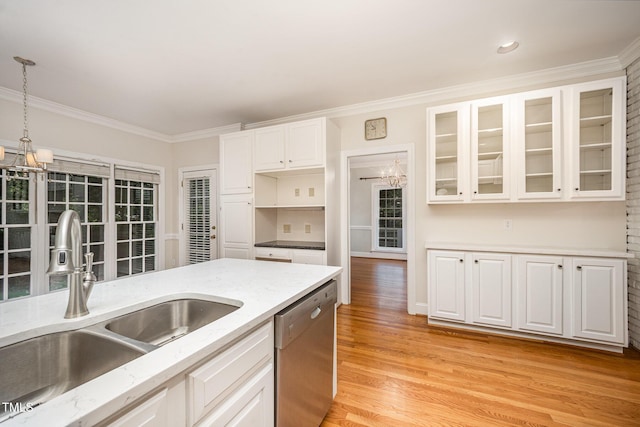 7605 Sandy Lake Ct, Raleigh, NC 27613 - kitchen featuring dishwasher, ornamental molding, white cabinets, light wood-style floors, and light stone countertops