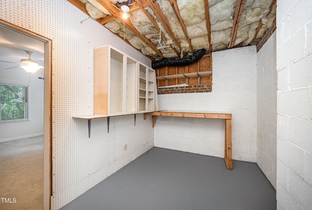 7605 Sandy Lake Ct, Raleigh, NC 27613 - basement featuring concrete block wall and a ceiling fan