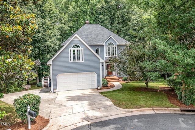 7605 Sandy Lake Ct, Raleigh, NC 27613 - traditional-style home featuring a garage, concrete driveway, a front lawn, a shingled roof, and a chimney
