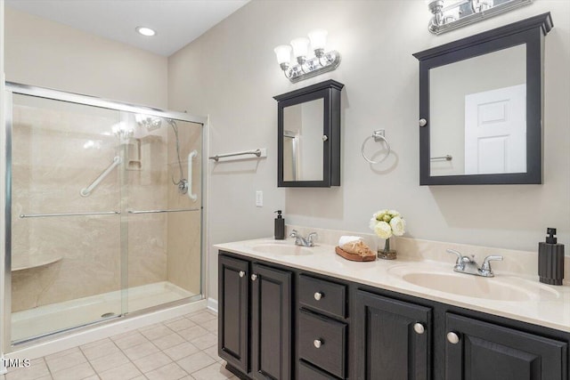 4724 Ludwell Branch Ct, Raleigh, NC 27612 - bathroom with tile patterned floors, double vanity, and a shower stall