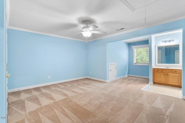 4724 Ludwell Branch Ct, Raleigh, NC 27612 - empty room with attic access, light carpet, ornamental molding, ceiling fan, and baseboards