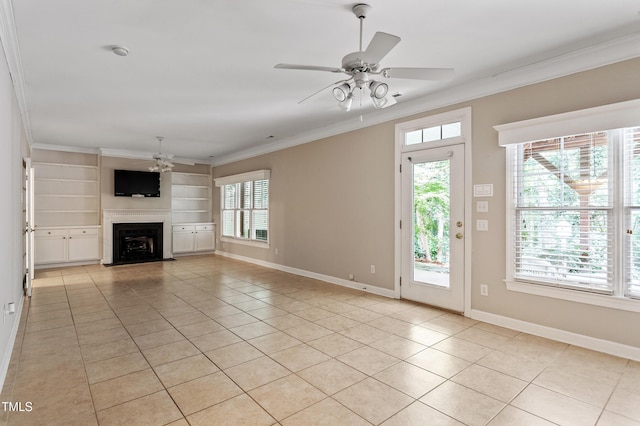 4724 Ludwell Branch Ct, Raleigh, NC 27612 - unfurnished living room featuring ornamental molding, ceiling fan, light tile patterned floors, built in features, and a fireplace with flush hearth