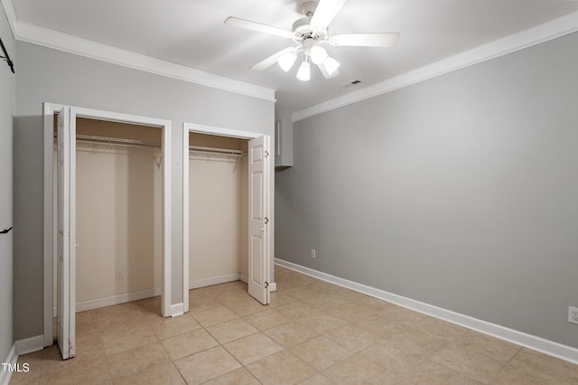 4724 Ludwell Branch Ct, Raleigh, NC 27612 - unfurnished bedroom with crown molding, two closets, light tile patterned floors, and ceiling fan