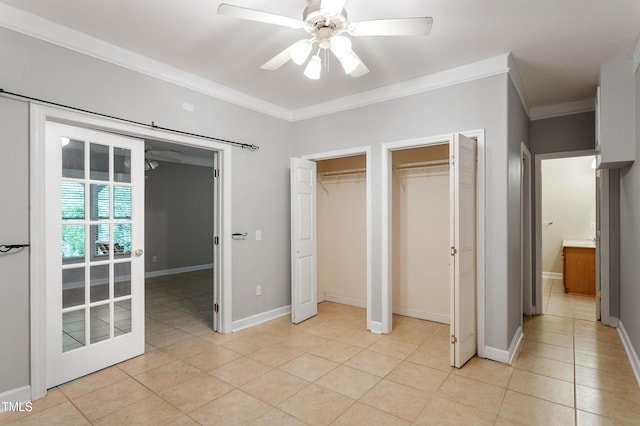 4724 Ludwell Branch Ct, Raleigh, NC 27612 - unfurnished bedroom featuring two closets, ornamental molding, light tile patterned flooring, and ceiling fan