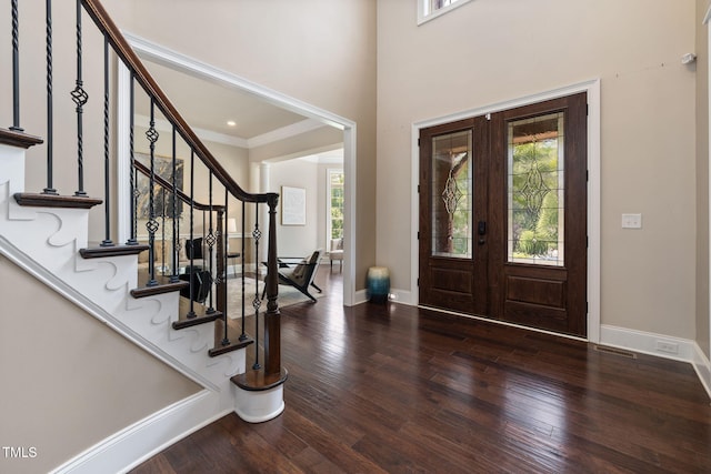 7632 Summer Pines Way, Wake Forest, NC 27587 - foyer featuring wood finished floors, stairs, french doors, and ornamental molding