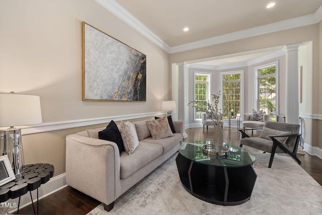 7632 Summer Pines Way, Wake Forest, NC 27587 - living room featuring ornate columns, wood finished floors, crown molding, and recessed lighting