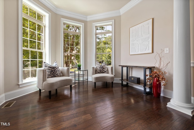 7632 Summer Pines Way, Wake Forest, NC 27587 - sitting room featuring ornate columns, crown molding, and dark wood-style floors