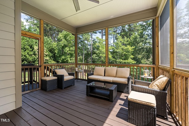 7632 Summer Pines Way, Wake Forest, NC 27587 - sunroom / solarium featuring outdoor lounge area, ceiling fan, and view of wooded area
