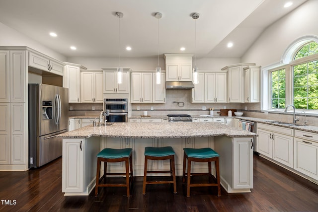 7632 Summer Pines Way, Wake Forest, NC 27587 - kitchen with appliances with stainless steel finishes, under cabinet range hood, an island with sink, backsplash, and dark wood-style flooring