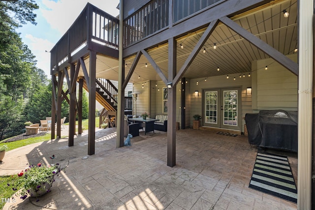 7632 Summer Pines Way, Wake Forest, NC 27587 - view of patio / terrace featuring french doors, stairs, a wooden deck, and grilling area
