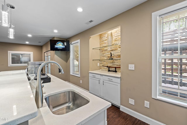 7632 Summer Pines Way, Wake Forest, NC 27587 - kitchen featuring dark wood-type flooring, recessed lighting, hanging light fixtures, and light stone countertops