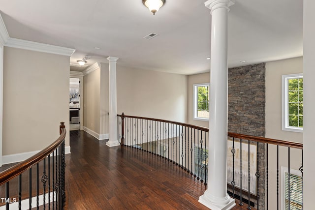 7632 Summer Pines Way, Wake Forest, NC 27587 - hall featuring decorative columns, an upstairs landing, wood-type flooring, and crown molding