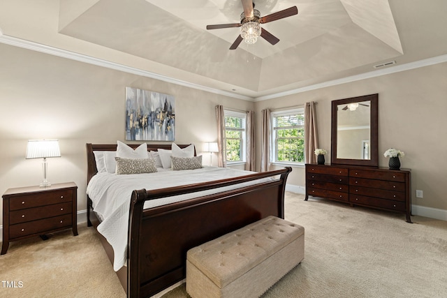 7632 Summer Pines Way, Wake Forest, NC 27587 - carpeted bedroom featuring a tray ceiling, a ceiling fan, and ornamental molding