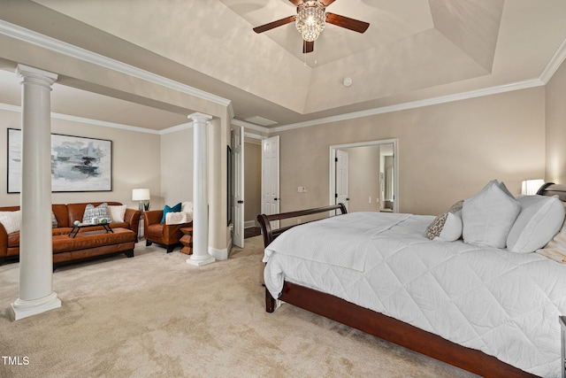 7632 Summer Pines Way, Wake Forest, NC 27587 - carpeted bedroom featuring ornate columns, crown molding, a raised ceiling, and a ceiling fan