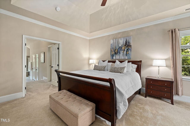 7632 Summer Pines Way, Wake Forest, NC 27587 - bedroom featuring light colored carpet, crown molding, a tray ceiling, and a ceiling fan