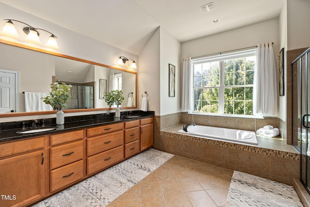 7632 Summer Pines Way, Wake Forest, NC 27587 - full bathroom featuring double vanity, tile patterned floors, a stall shower, and a bath