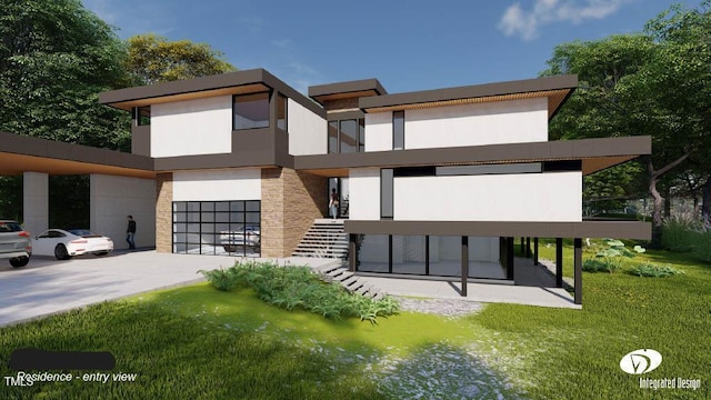 403 Rutherglen Dr, Cary, NC 27511 - view of front facade featuring a garage, concrete driveway, stucco siding, a front yard, and a balcony