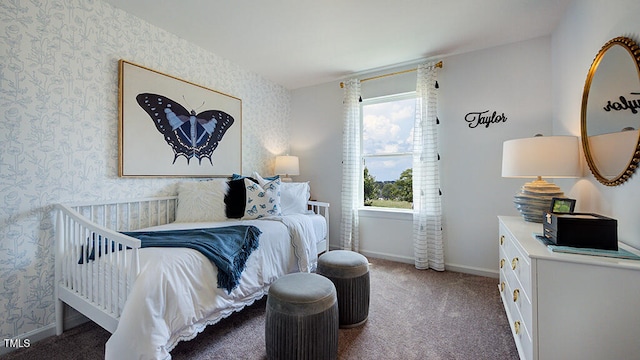 8763 Wardle Ct, Wake Forest, NC 27587 - bedroom with wallpapered walls, carpet floors, and baseboards