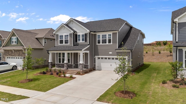 3500 Bailey Lake Dr, Fuquay Varina, NC 27526 - craftsman house featuring covered porch, concrete driveway, a garage, a front lawn, and roof with shingles