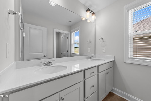 3500 Bailey Lake Dr, Fuquay Varina, NC 27526 - bathroom featuring double vanity, healthy amount of natural light, and wood finished floors