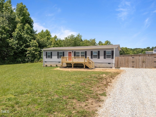 130 Ruby Trl, Roxboro, NC 27574 - manufactured / mobile home with crawl space, a wooden deck, a gate, and gravel driveway