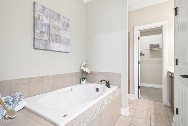 1090 Indigo Ridge Pl, Cary, NC 27519 - full bathroom with a bath, vanity, tile patterned floors, crown molding, and a walk in closet