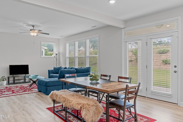 309 Highland Forest Dr, Fuquay Varina, NC 27526 - dining room with light wood-style flooring, ceiling fan, recessed lighting, and beam ceiling
