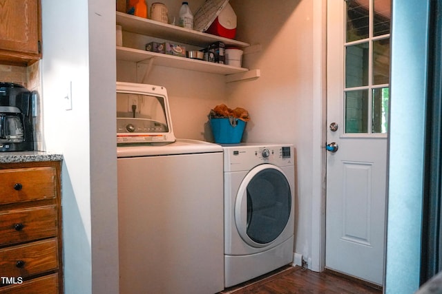 1423 Alderman Cir, Raleigh, NC 27603 - laundry area with separate washer and dryer and dark wood-style flooring