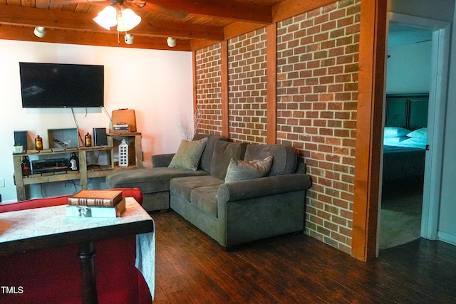 1423 Alderman Cir, Raleigh, NC 27603 - living room with wood ceiling with exposed beams, dark wood-style flooring, and a ceiling fan