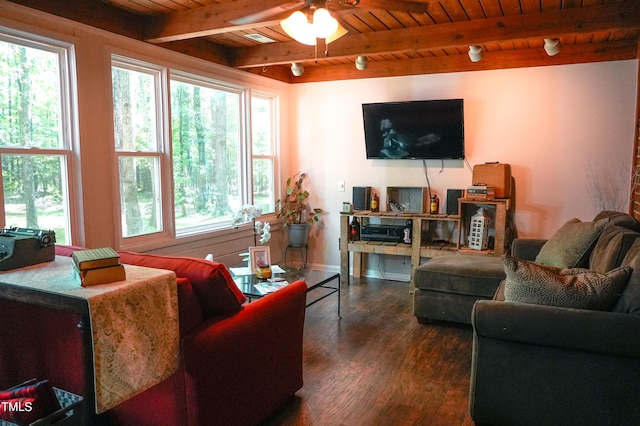 1423 Alderman Cir, Raleigh, NC 27603 - living area featuring wooden ceiling with exposed beams, dark wood-style flooring, a ceiling fan, and baseboards
