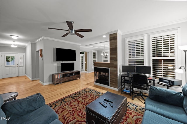 4511 Crab Creek Dr Unit 101, Raleigh, NC 27612 - living room featuring ornamental molding, ceiling fan, wood finished floors, an office area, and recessed lighting