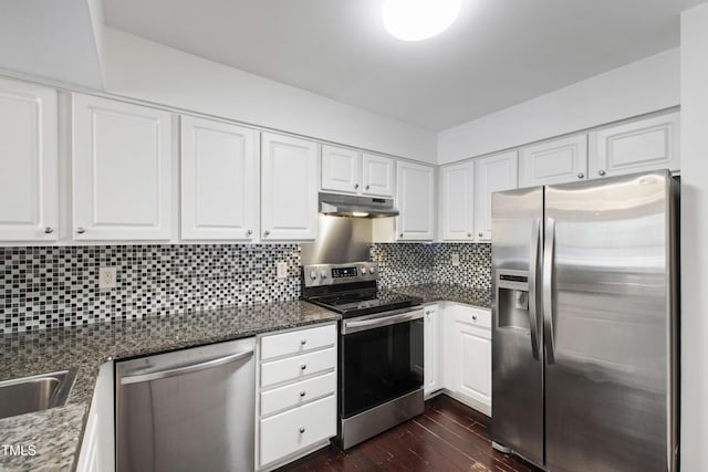 911 Washington St Unit 304, Raleigh, NC 27605 - kitchen with stainless steel appliances, under cabinet range hood, white cabinetry, dark wood-style floors, and backsplash