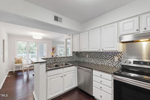 911 Washington St Unit 304, Raleigh, NC 27605 - kitchen featuring appliances with stainless steel finishes, a sink, a peninsula, and healthy amount of natural light