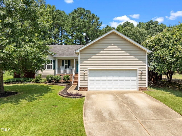508 Hidden Cellars Dr, Holly Springs, NC 27540 - ranch-style home with a porch, a front lawn, driveway, a garage, and stairs