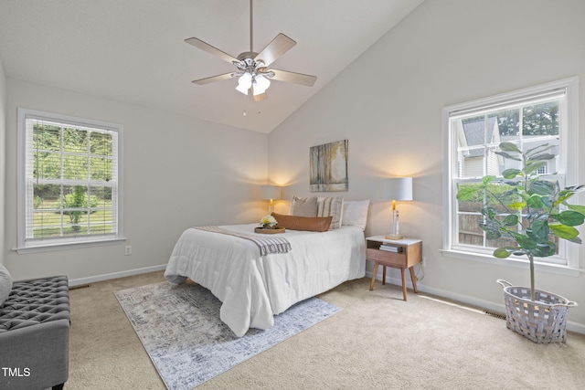 508 Hidden Cellars Dr, Holly Springs, NC 27540 - carpeted bedroom featuring multiple windows, high vaulted ceiling, and a ceiling fan