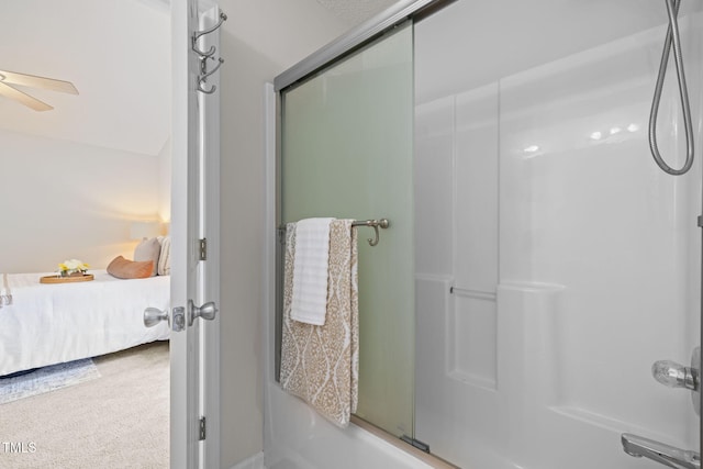 508 Hidden Cellars Dr, Holly Springs, NC 27540 - ensuite bathroom with bath / shower combo with glass door and ceiling fan