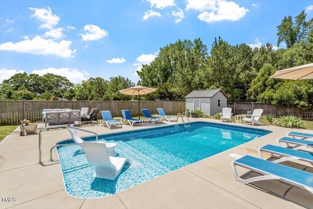 1161 Tulip Poplar Rd, Fuquay Varina, NC 27526 - view of pool with a patio, a fenced backyard, an outdoor living space, and view of scattered trees