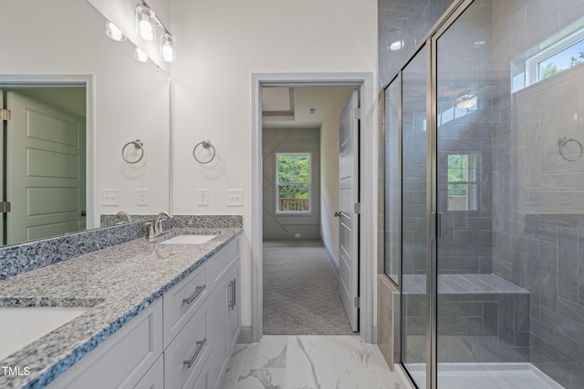 147 Harmony Trl, Broadway, NC 27505 - full bath with marble look tiles, plenty of natural light, double vanity, and a stall shower